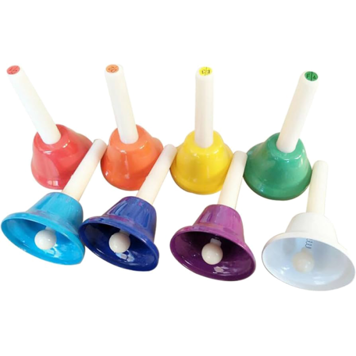 JUEGO 8 CAMPANAS DE MANO CON MANGO RITMO 10,5x5cm B025-1
