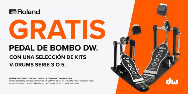 Promoción Roland V-Drums con pedal de bombo DW 2000 o DW 3000 gratis al comprar los kits TD316, VAD316, TD513 o TD516.